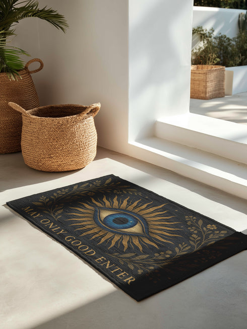 Woven doormat with non-slip backing, featuring a blue evil eye at center surrounded by golden botanical rays and the phrase "May Only Good Enter" along the edge, made of soft 100% polyester chenille with a smooth plush pile, 24x36 inches in size, designed for witchy or spiritual home décor and entry protection.